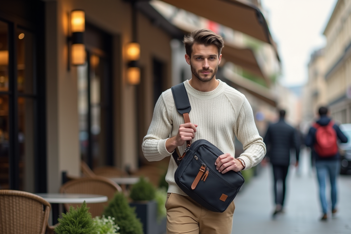 Jeune homme ajustant la bandouliere d un sac en terrasse