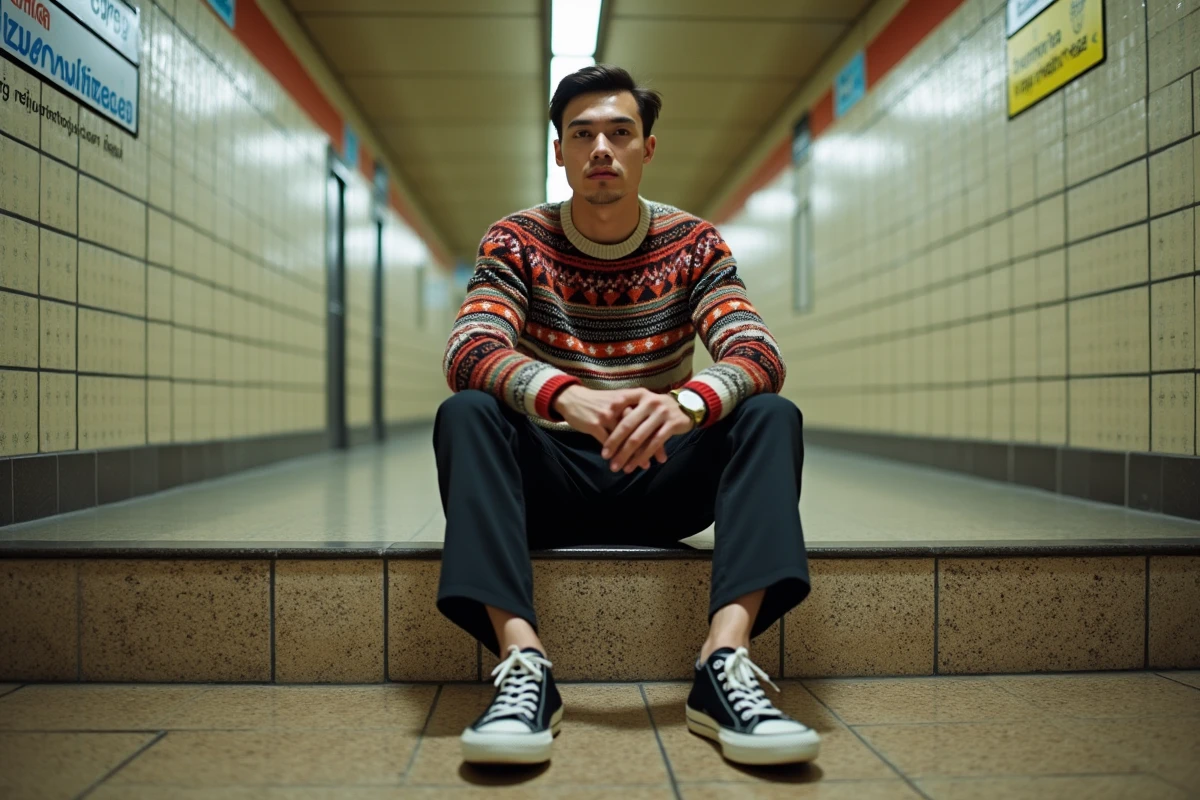 Jeune homme assis dans une station de métro vintage