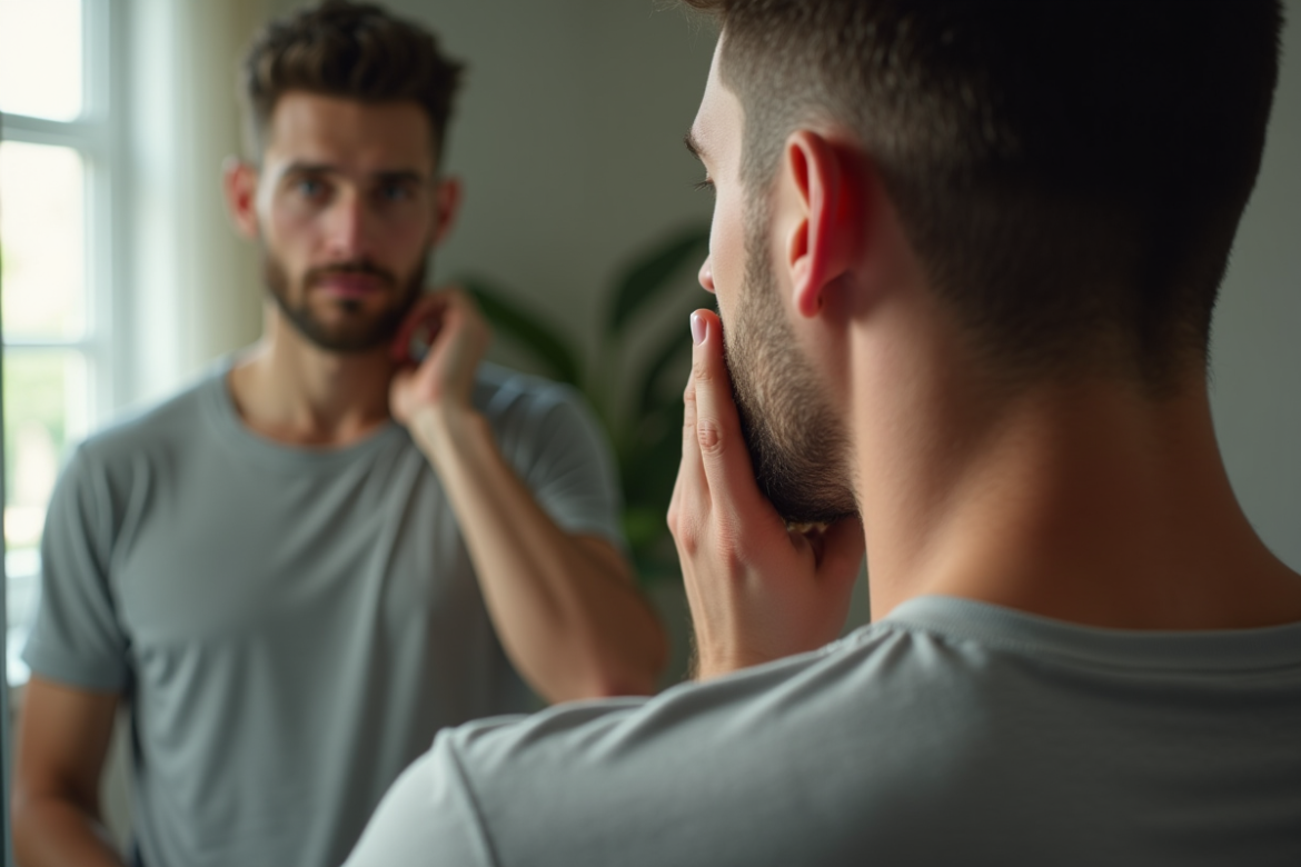 Jeune homme regardant sa barbe naissante dans un miroir
