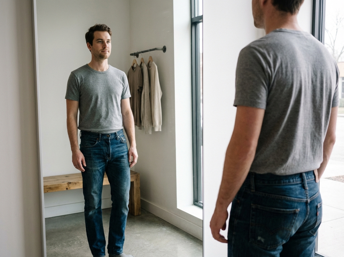 Jeune homme regardant son reflet dans un miroir de cabine