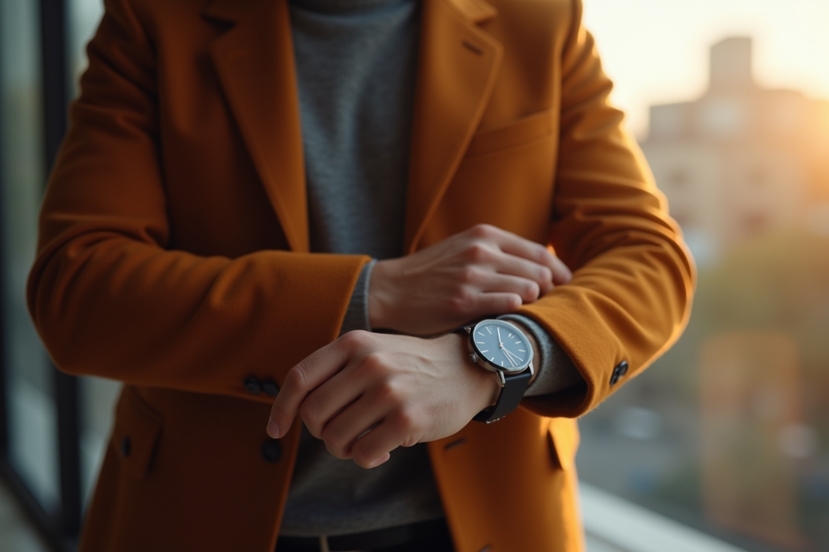 Jeune homme ajustant sa montre analogique à son poignet gauche