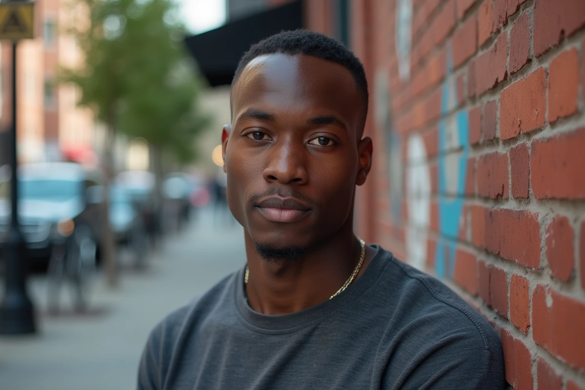 Jeune homme noir avec dégradé américain devant un mur de briques