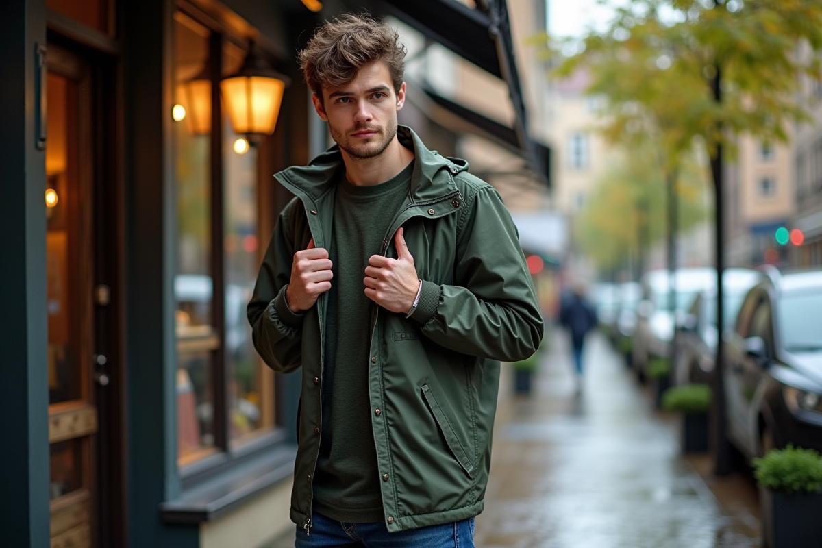 Jeune homme en imper dans une rue pavée sous la pluie