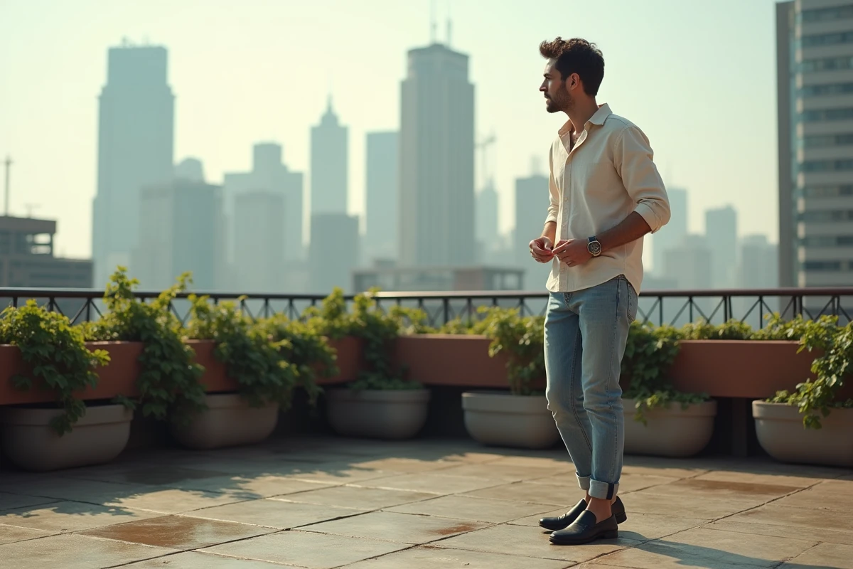 Jeune homme ajustant ses babouches sur un toit urbain