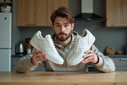 Jeune homme examine deux paires de sneakers dans la cuisine