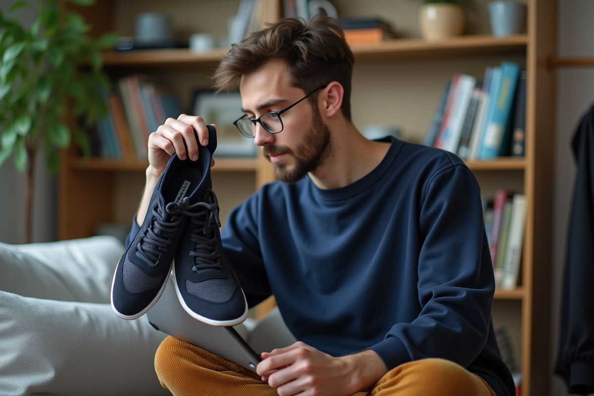 Jeune homme regardant ses sneakers dans un espace de travail cosy
