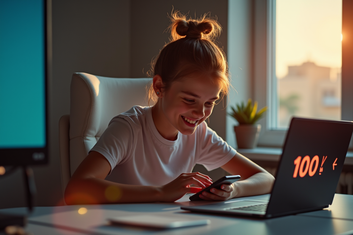 Jeune influenceur avec smartphone et compteur 100K