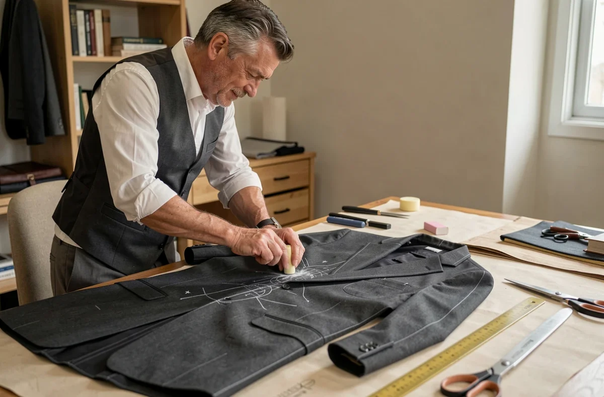 Tailleur de La Griffe Mesure traçant des repères à la craie sur une veste en cours de confection à Lyon