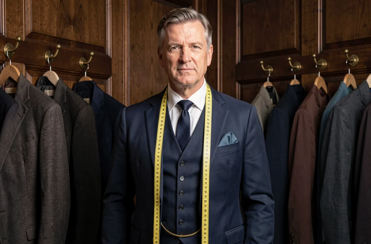 Client élégant en costume trois pièces sur mesure dans l'atelier La Maison de l'Homme à Lyon