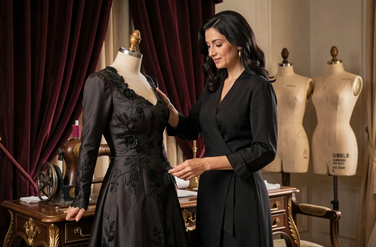 Créatrice de Lara Manukyan Couture examinant les broderies d'une robe haute couture dans son studio raffiné à Lyon