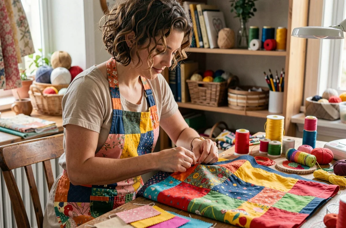 Artisane de Lil'O Créations cousant à la main un vêtement unique avec des tissus colorés dans son atelier