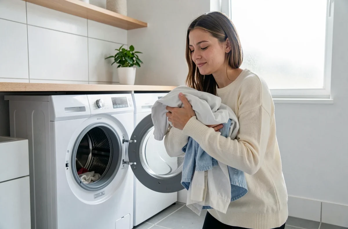 Femme retirant des vêtements propres du tambour d'un lave-linge dans une salle de bain moderne, hygiène du linge quotidien