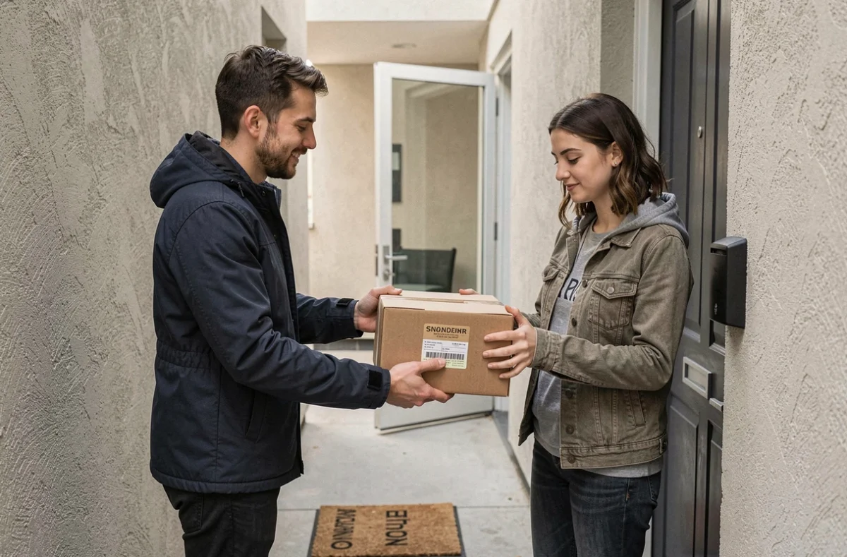 Livraison d'un colis The Bradery à domicile, une femme réceptionne sa commande de vêtements de marque à la porte de son appartement