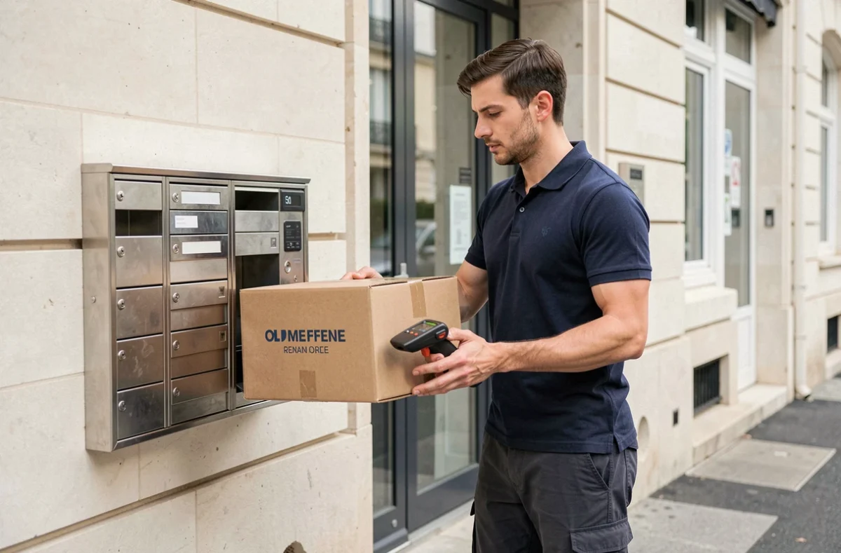 Livreur déposant un colis Shein dans le hall d'un immeuble résidentiel urbain