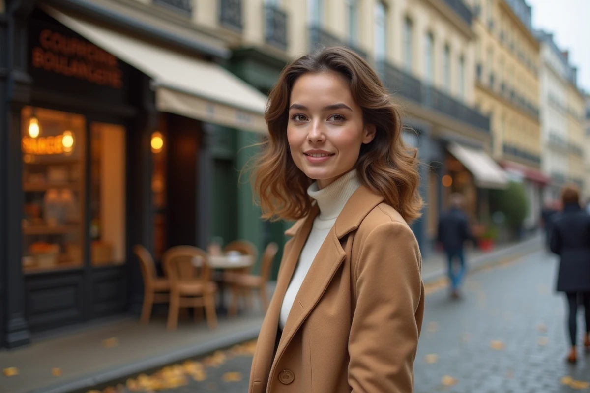 Femme aux cheveux sophistiqués et stylisés posant dans une rue parisienne en automne avec un look élégant et contemporain