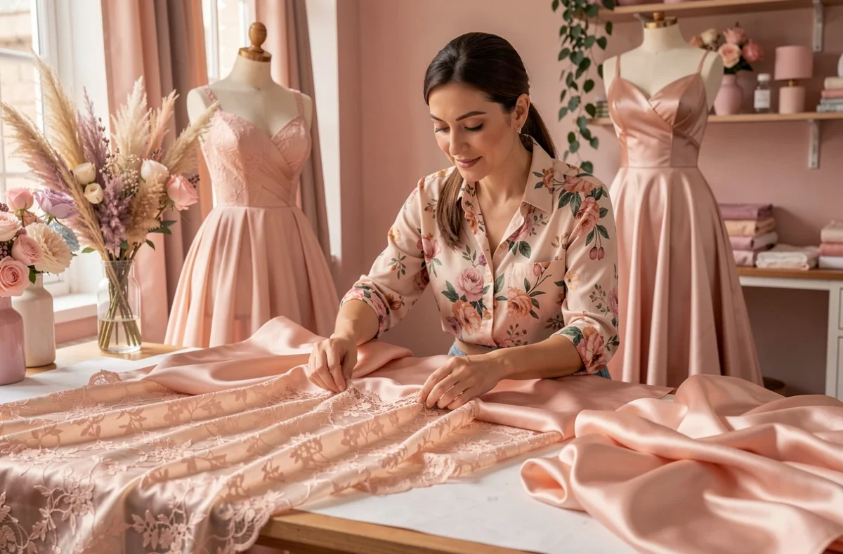 Couturière de Lys et Soie découpant des tissus de soie et dentelle dans un atelier élégant et féminin
