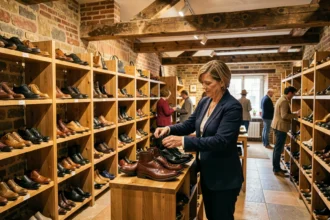 Intérieur d'un magasin de chaussures en Normandie avec des étagères en bois et une vendeuse arrangeant des bottes en cuir