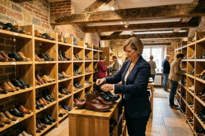 Intérieur d'un magasin de chaussures en Normandie avec des étagères en bois et une vendeuse arrangeant des bottes en cuir