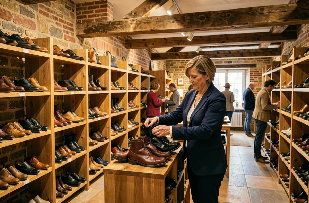 Intérieur d'un magasin de chaussures en Normandie avec des étagères en bois et une vendeuse arrangeant des bottes en cuir