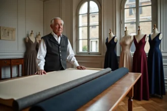 Maître tailleur dans un atelier de haute couture parisien entouré de tissus précieux et de formes de couture