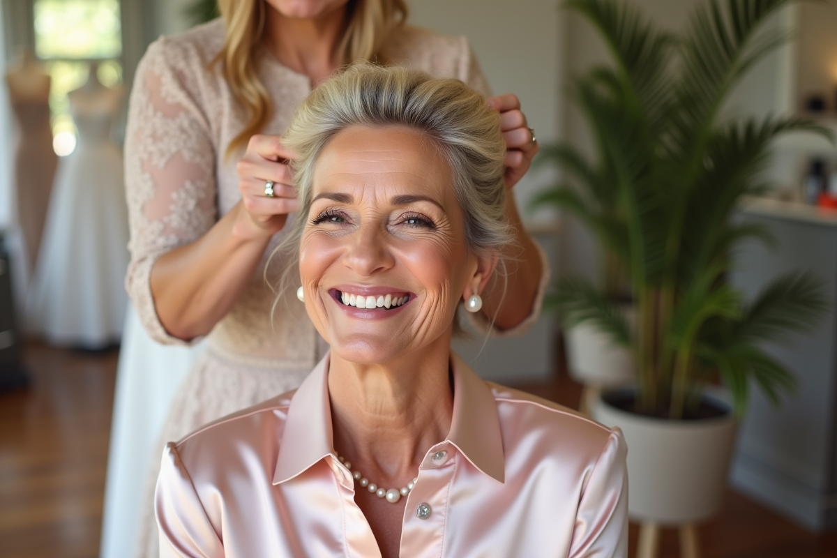 Mère de la mariée souriante faisant coiffer ses cheveux par une styliste