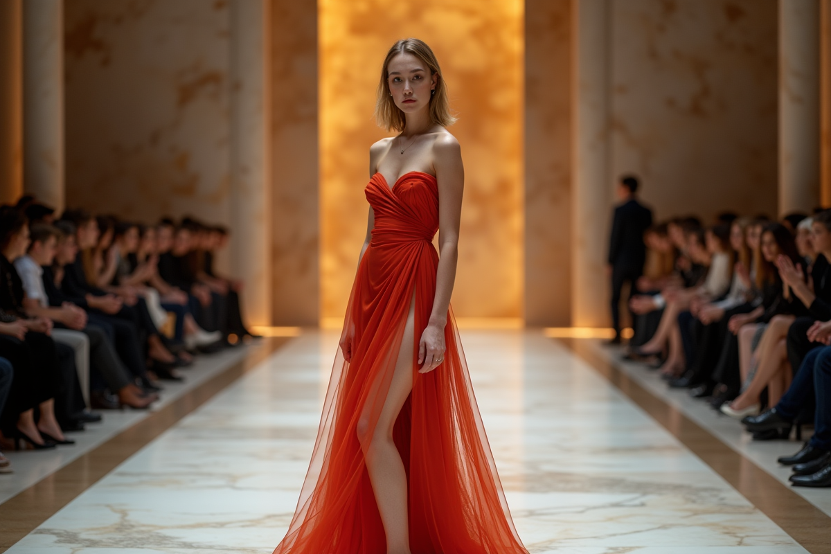 Jeune femme portant une robe de soirée avantgarde sur le podium
