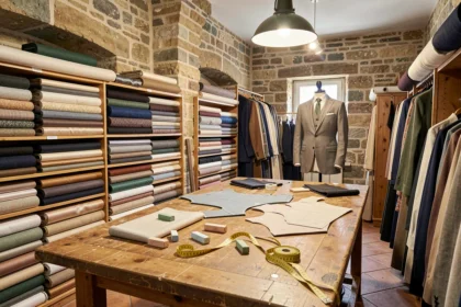 Atelier de couture sur mesure à Lyon avec tissus premium, table de coupe et costume en cours de confection