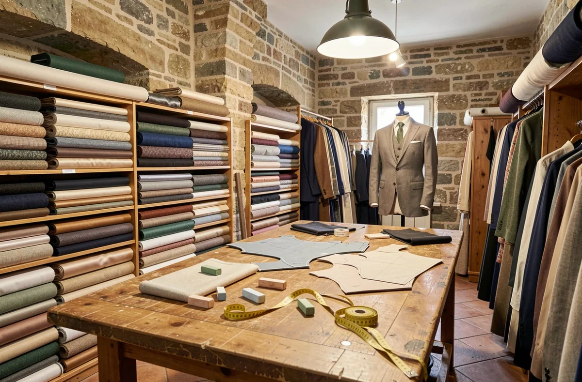 Atelier de couture sur mesure à Lyon avec tissus premium, table de coupe et costume en cours de confection