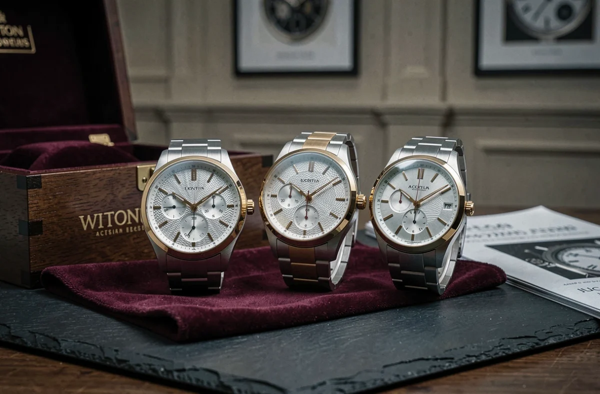 Trois montres de luxe présentées sur velours lors d'un visionnage privé avant une vente aux enchères