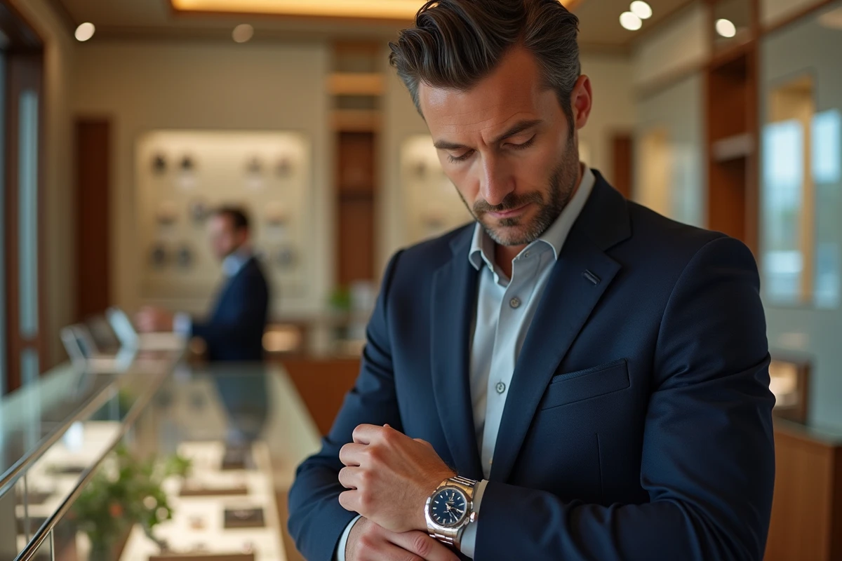 Un homme en blazer marine examine une montre Rolex en acier chez un revendeur de montres de luxe