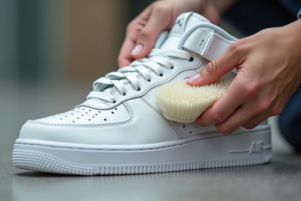 Main nettoyant une sneaker Air Force 1 blanche avec brosse