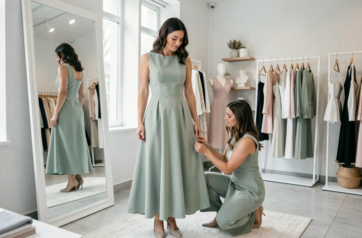 Cliente essayant une robe sur mesure ajustée par la styliste d'Ofeminine dans une boutique contemporaine de Lyon