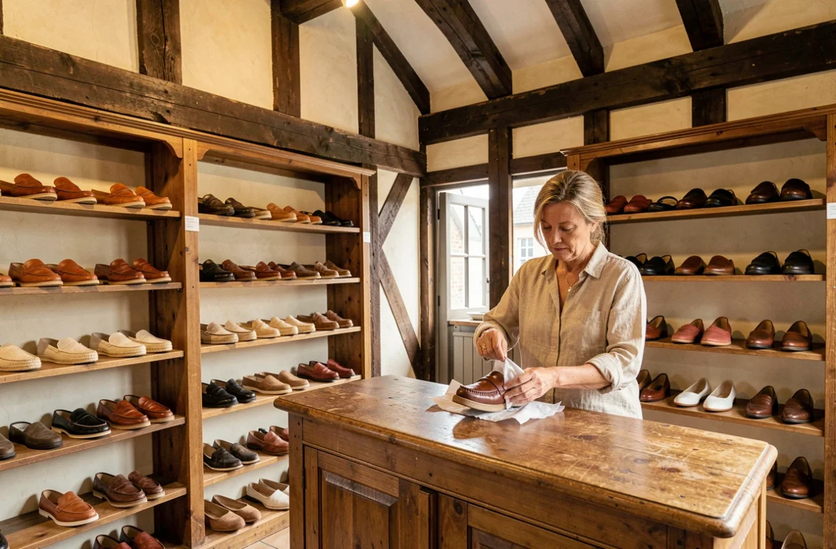 Boutique Parenthèse Chaussures à Honfleur dans un bâtiment normand à colombages avec une vendeuse emballant des chaussures en cuir artisanales