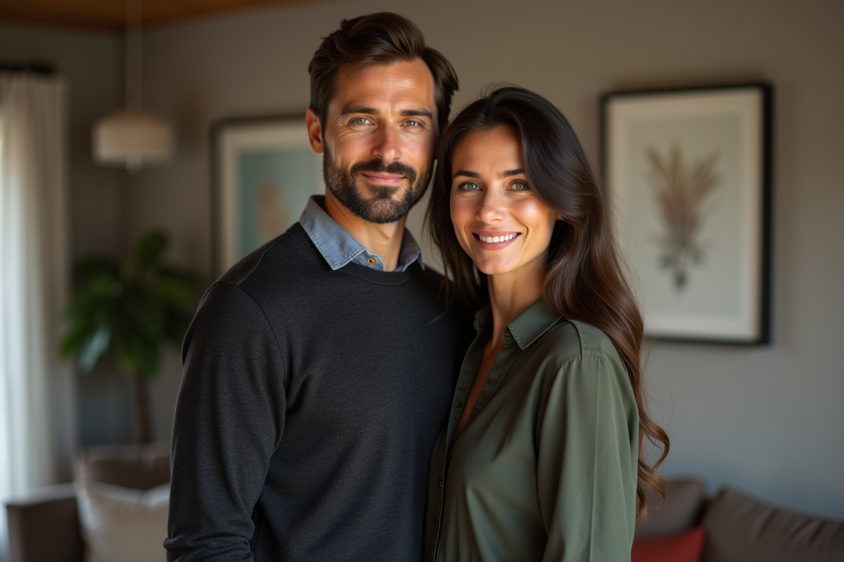 Couple dans un salon moderne regardant la caméra