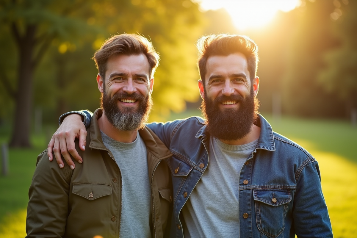 Père et fils souriants avec barbes dans un parc ensoleille