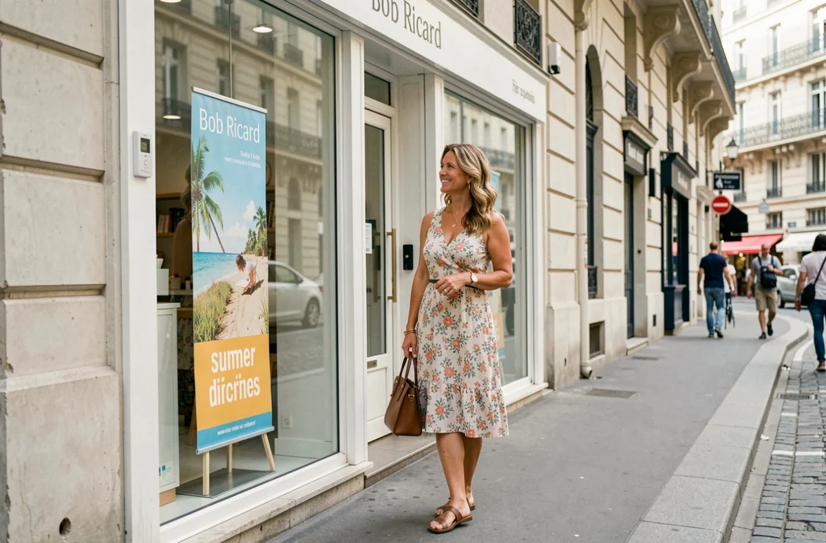 Femme souriante devant la vitrine d'un salon Bob Ricard avec des promotions d'été affichées