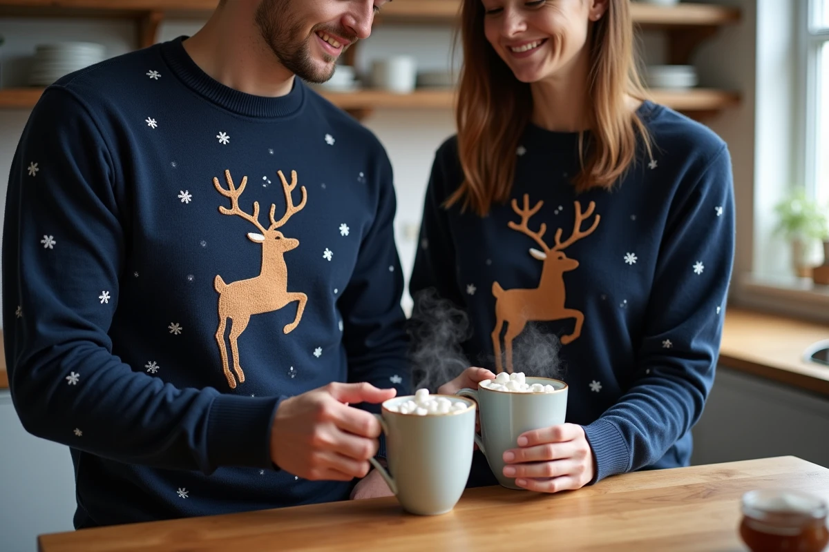 Couple en pulls de Noël marine coordonnés préparant du chocolat chaud dans une cuisine conviviale