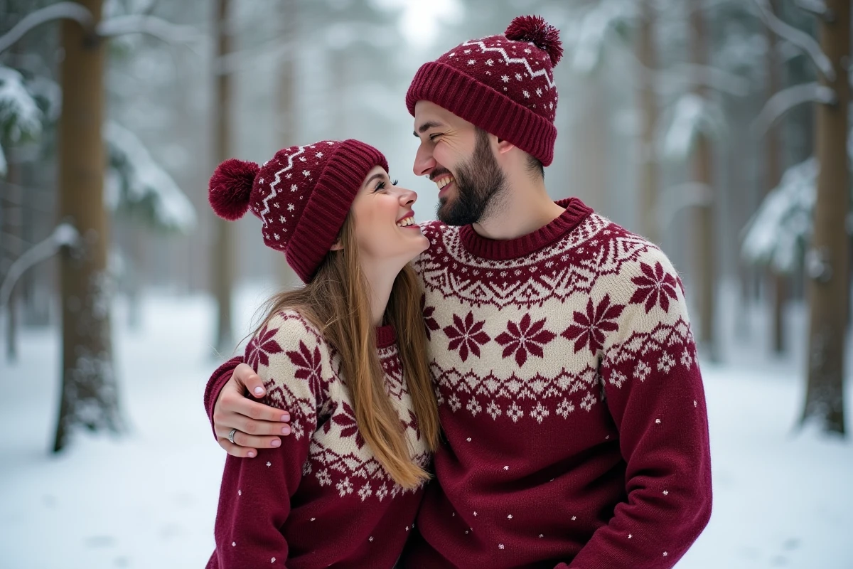 Couple portant des pulls de Noël assortis en laine Fair Isle bordeaux et crème dans une forêt enneigée