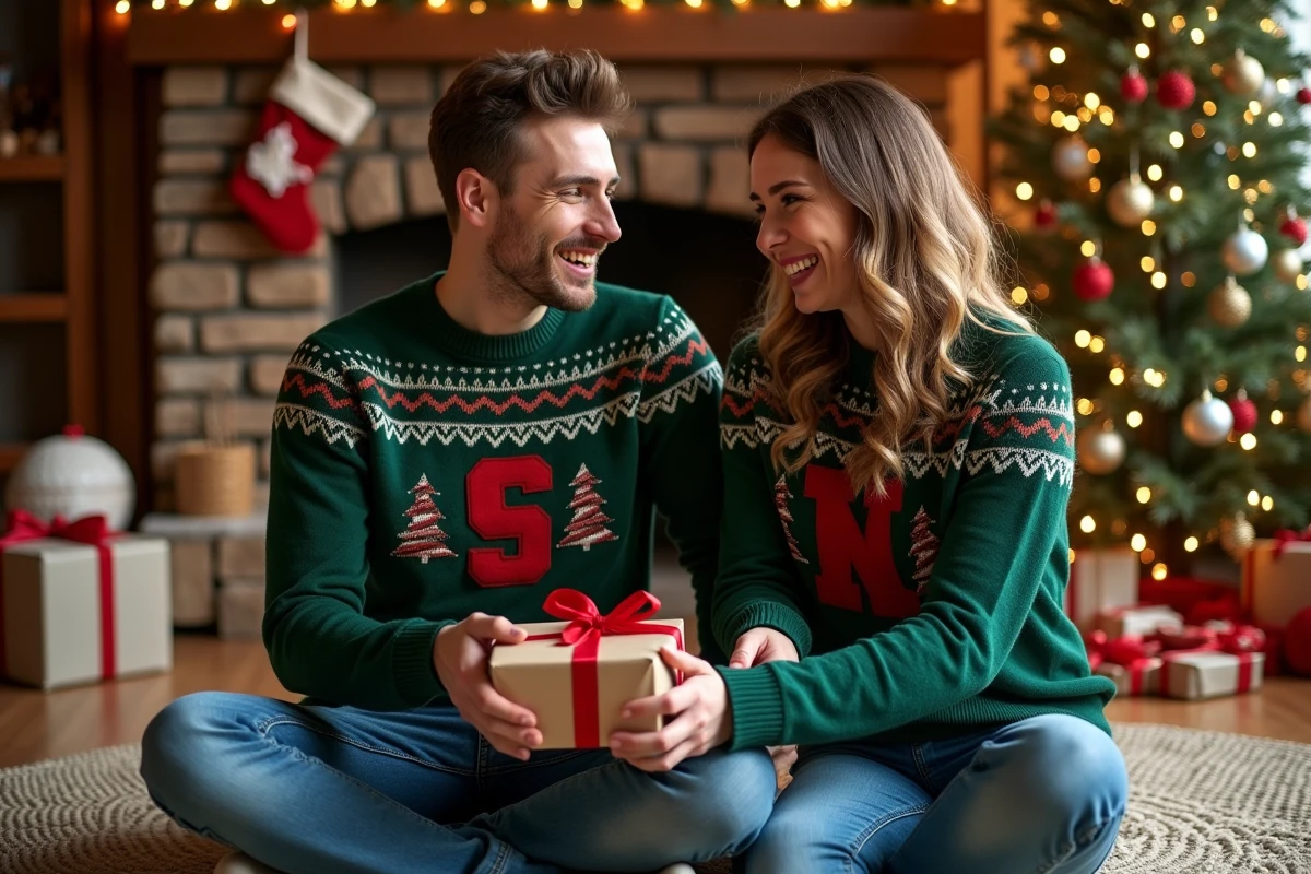 Couple en pulls de Noël personnalisés assortis échangeant des cadeaux près d'un sapin décoré dans un salon chaleureux