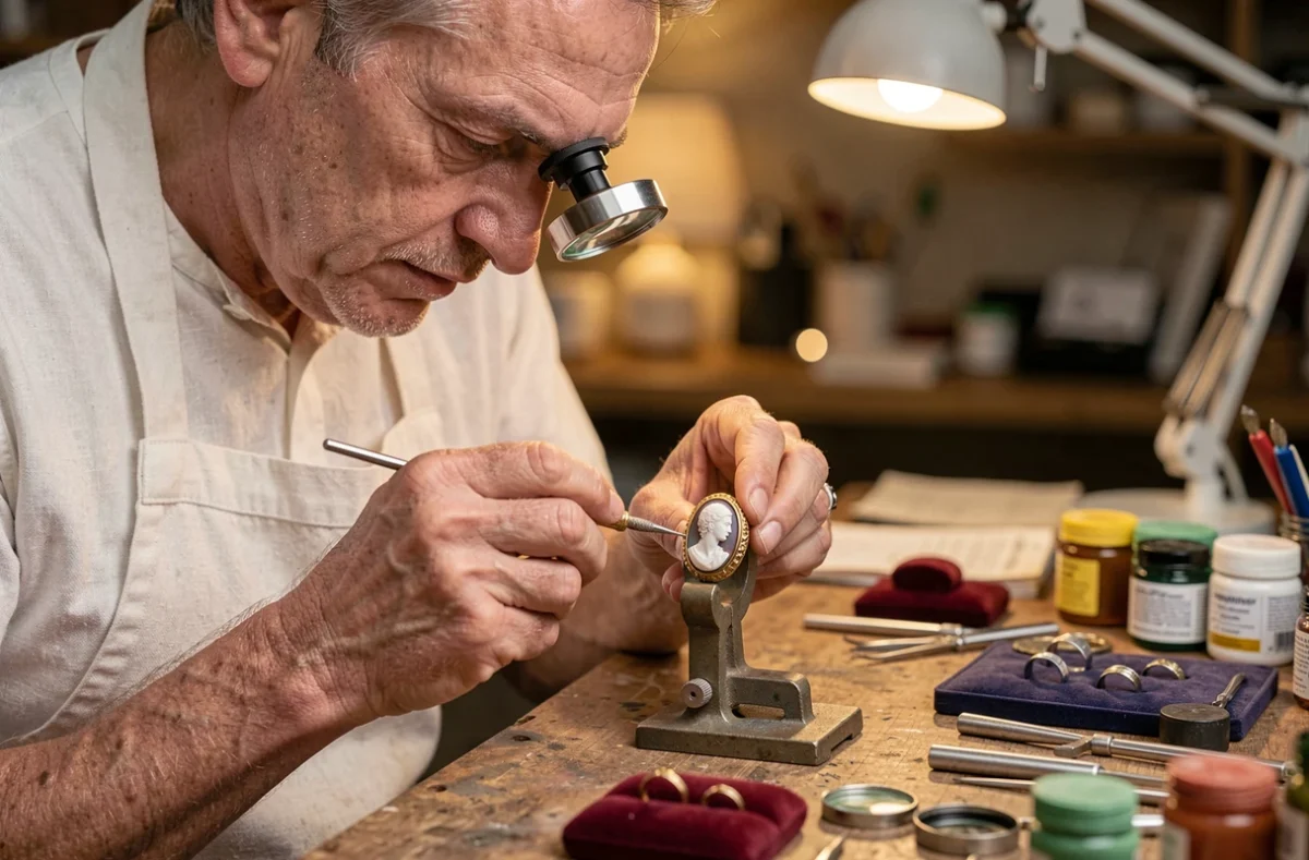 Bijoutier examinant une bague camée antique avec une loupe dans son atelier de restauration