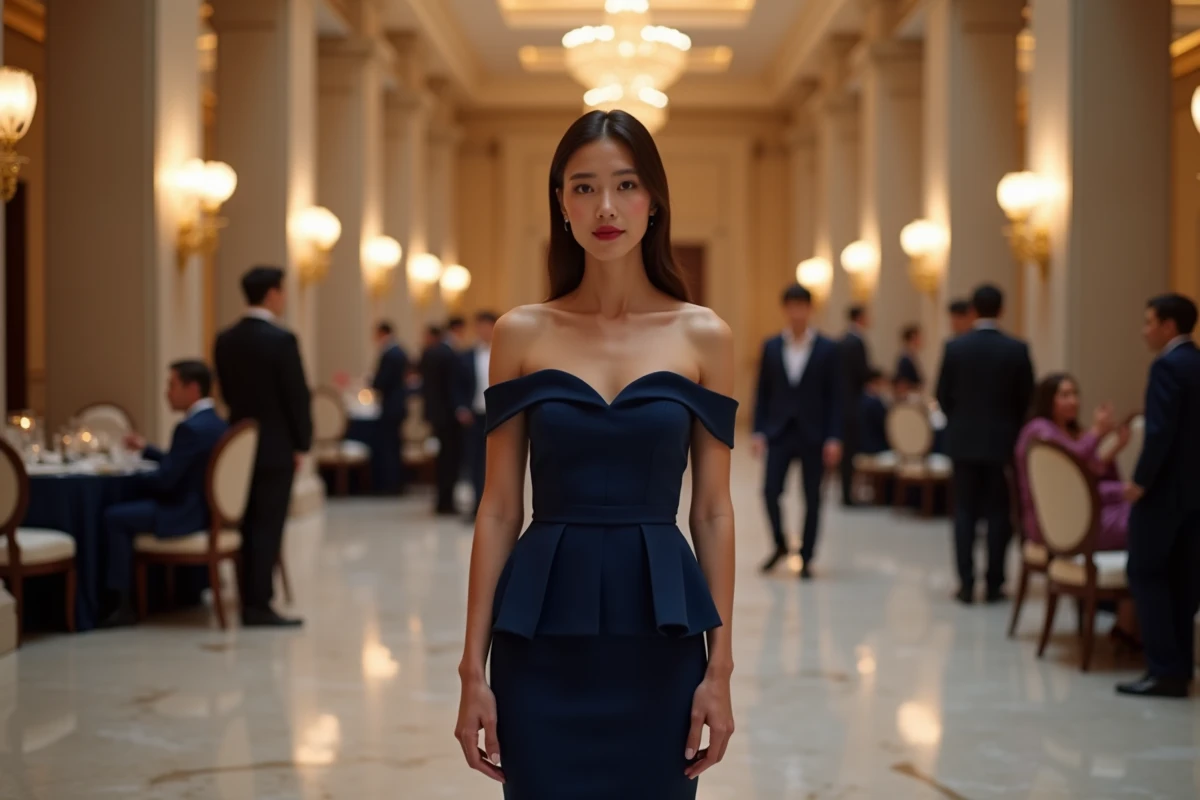 Robe courte de cocktail bleu marine à épaules dénudées avec détail peplum pour un mariage chic en intérieur