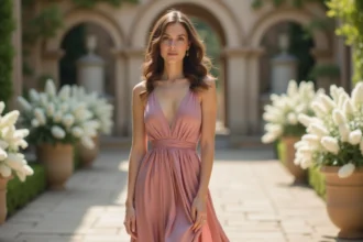 Femme portant une robe courte cocktail de mariage en satin rose poudré coupe A-line qui flatte la silhouette, dans un cadre de jardin élégant