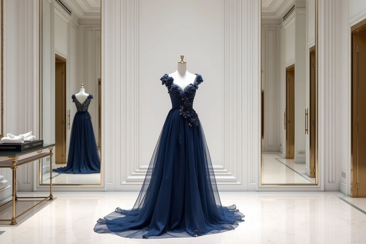 Robe de soirée en soie bleu nuit exposée dans le showroom épuré d'une maison de couture de luxe
