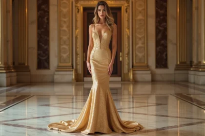 Femme élégante en robe de soirée dorée longue dans un grand salon avec parquet en marbre, illustrant le bon port d'une robe chic dorée