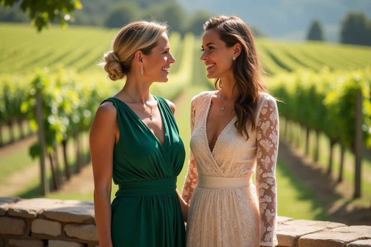 Deux femmes portant des robes courtes cocktail de mariage complémentaires, coupe portefeuille vert émeraude et robe en dentelle champagne, sur une terrasse de vignoble