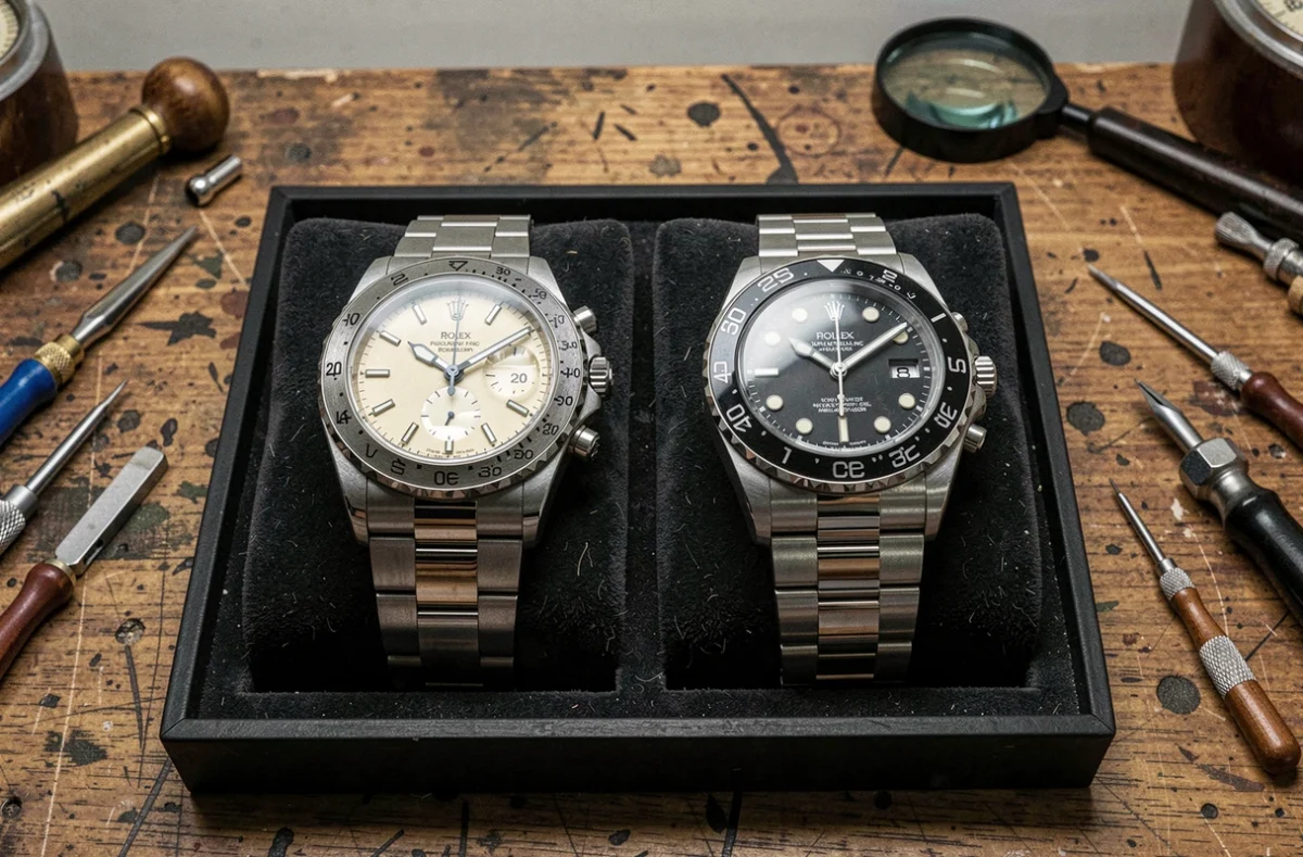 Deux montres Rolex de collection côte à côte sur un plateau de velours dans un atelier d'horlogerie professionnel