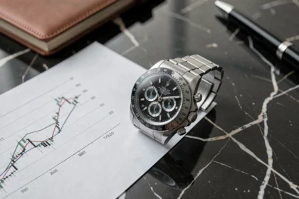 Montre Rolex Daytona posée sur un bureau en marbre noir avec un graphique de tendance des prix en 2026