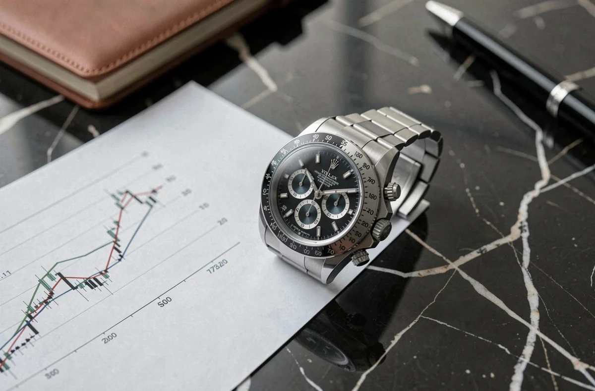Montre Rolex Daytona posée sur un bureau en marbre noir avec un graphique de tendance des prix en 2026