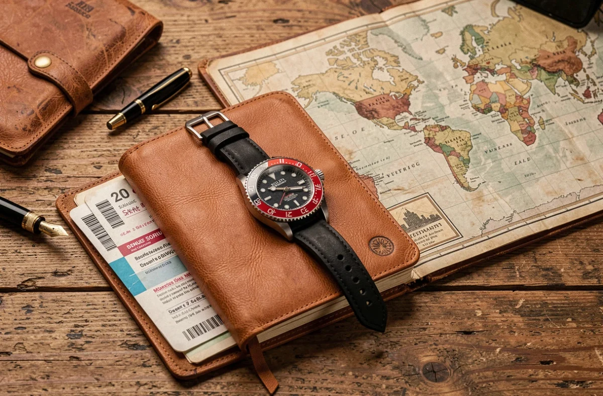 Rolex GMT-Master II posée sur un carnet de voyage en cuir avec carte du monde et carte d'embarquement