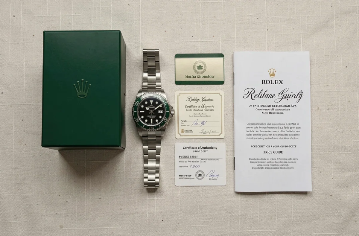 Rolex Submariner avec boîte officielle, certificat et guide des prix sur fond de lin